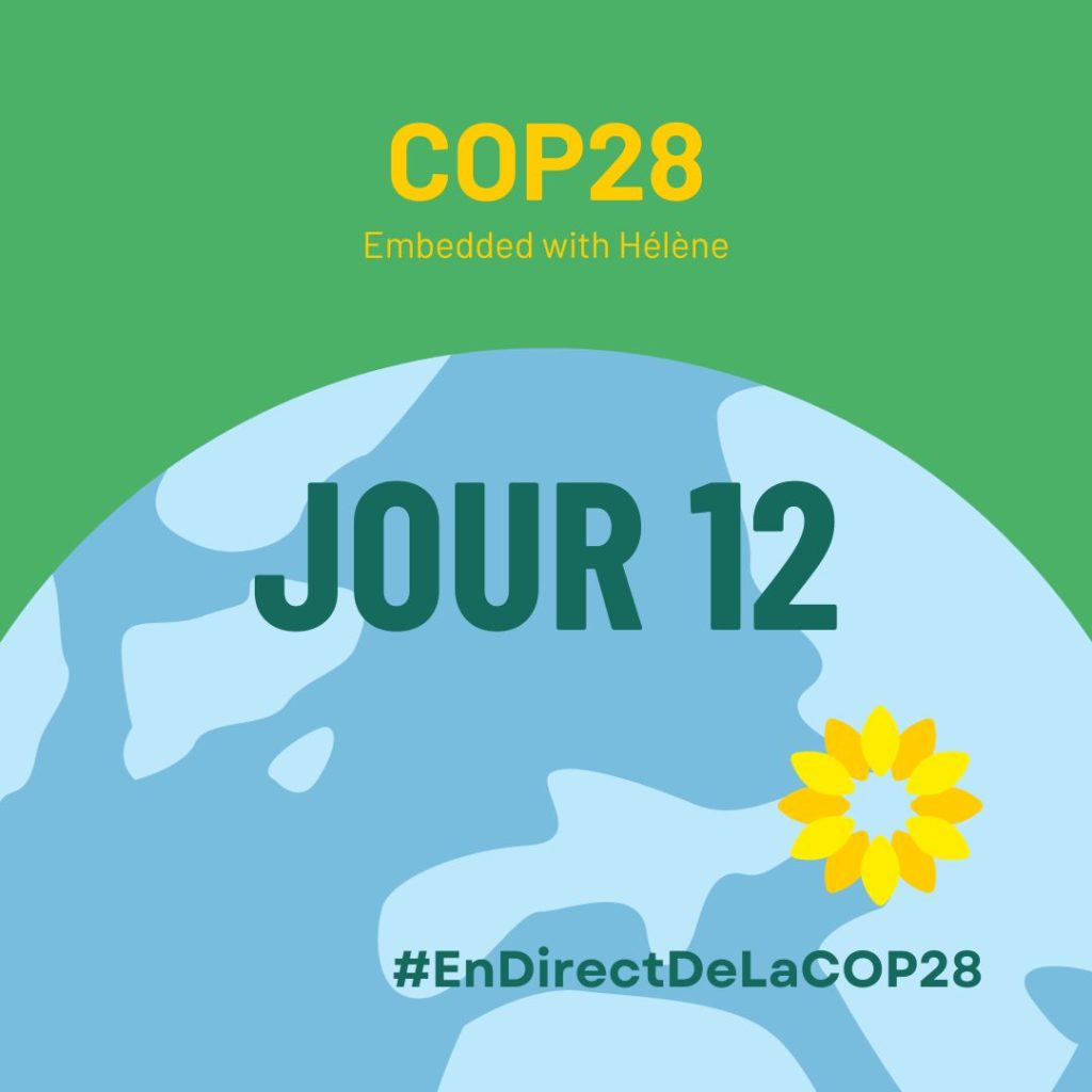 le visuel des écologistes pour la COP28. Il s'agit d'une planète sur fond vert avec le mot JOUR 12 car il s'agit des explications du 12eme jour de la COP28.
Cliquez dessus pour obtenir les informations de ce 12eme jour.
