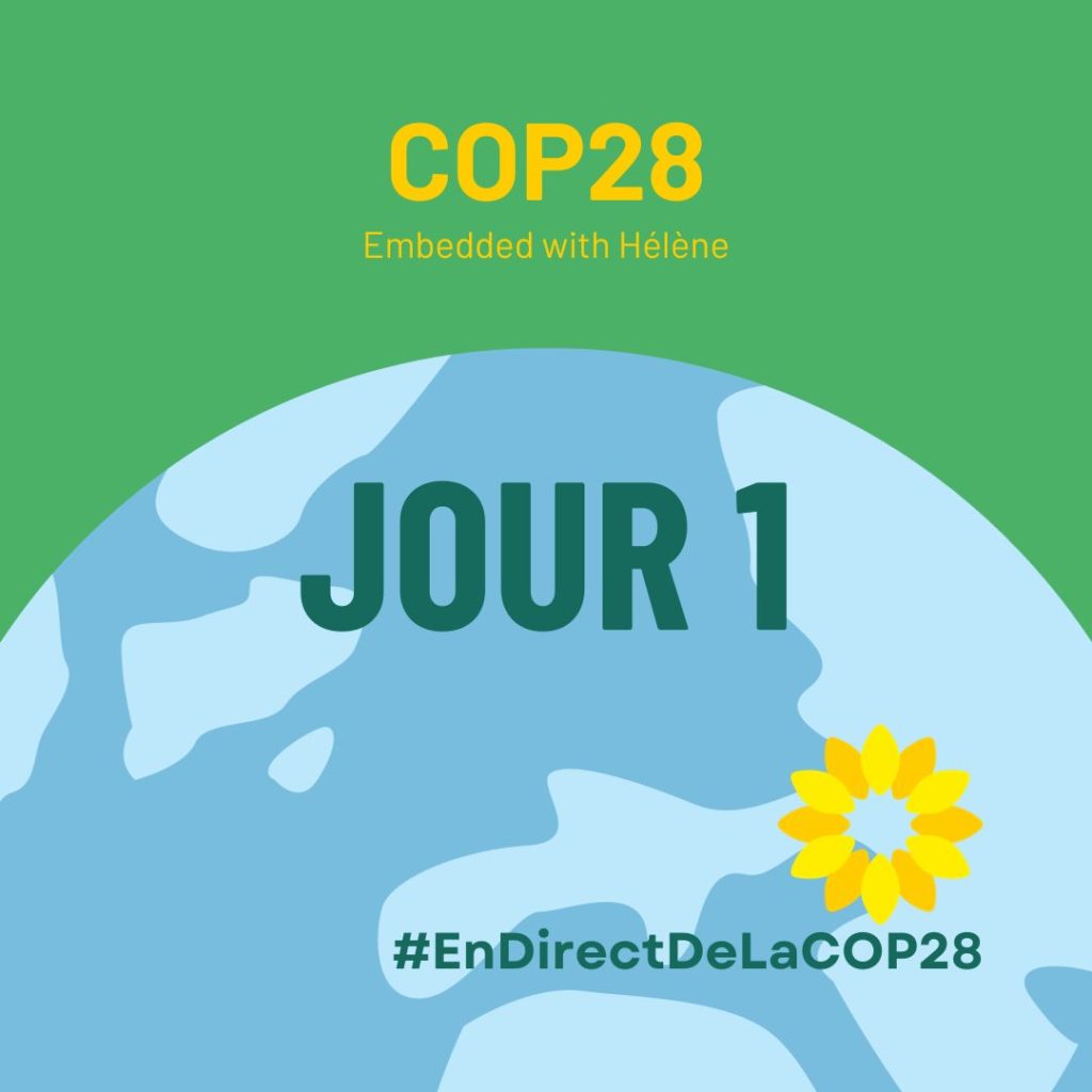 le visuel des écologistes pour la COP28. Il s'agit d'une planète sur fond vert avec le mot JOUR 1 car il s'agit des explications du 1er jour de la COP28. 
Cliquez dessus pour obtenir les informations de ce 1er jour.